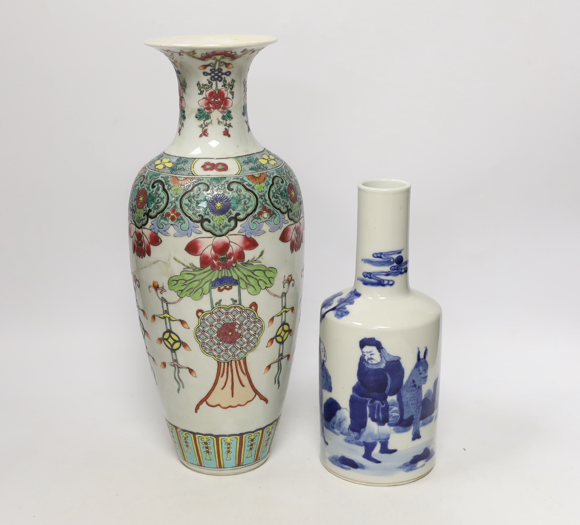 A famille rose vase and blue and white jar, tallest 35.5cm